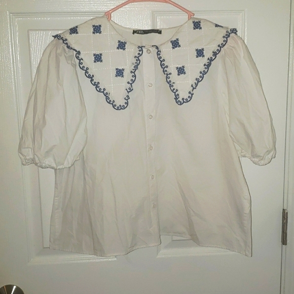 Zara top embroidery  collar size large white and blue - Picture 1 of 7